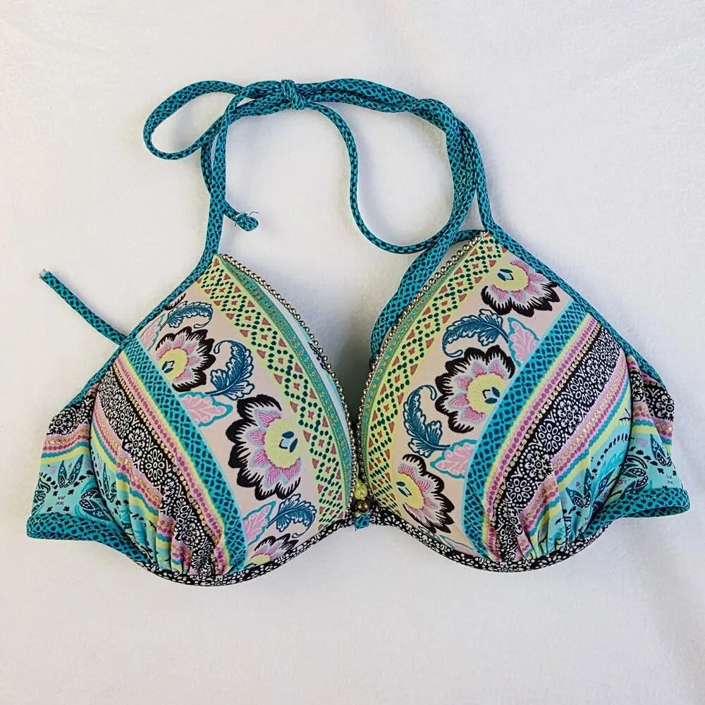 Shade & Shore Padded Bikini Top 34B Teal Paisley Tassel Underwire Boho Swim